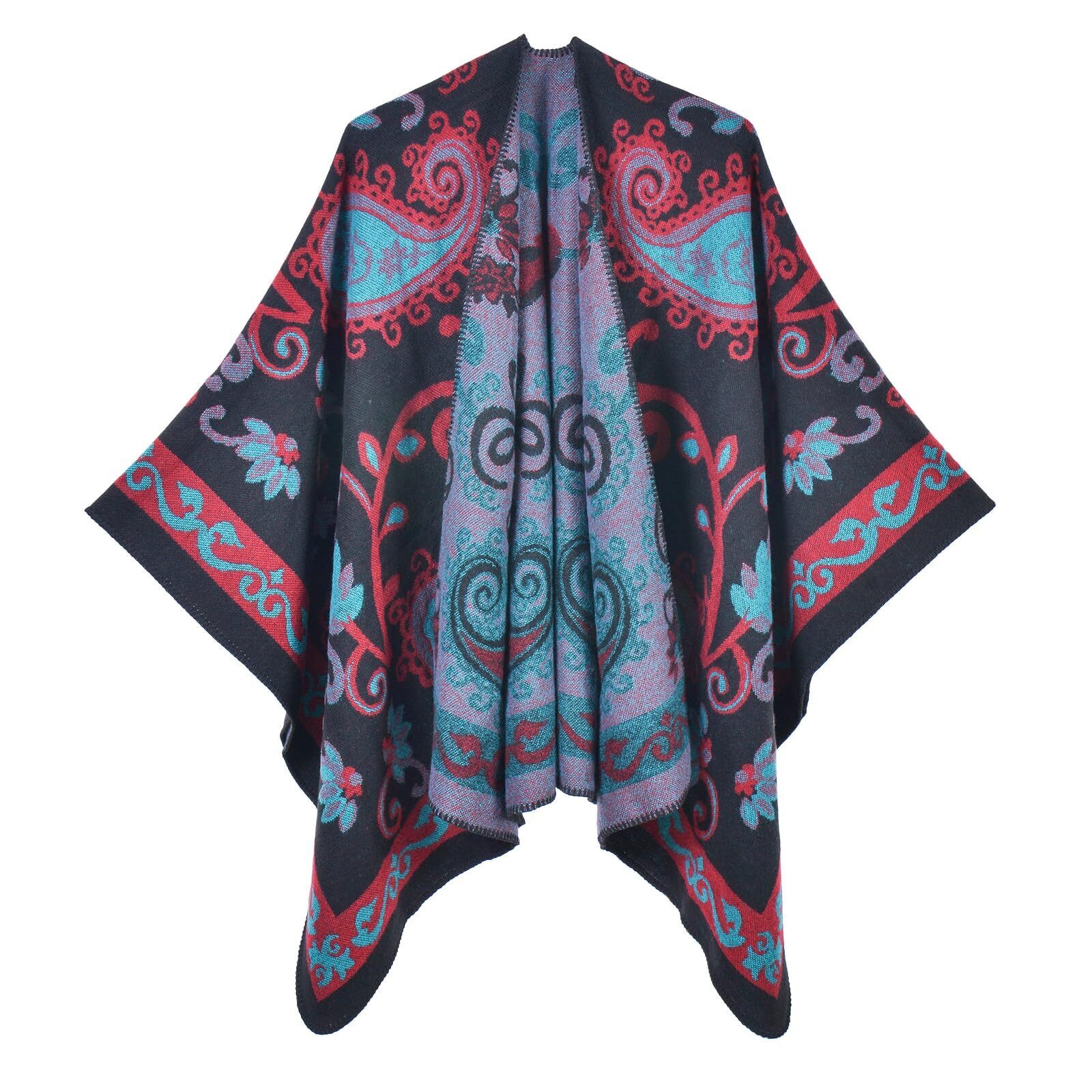 5571 Women's Vintage Pattern Open Front Poncho Cape Shawl Winter